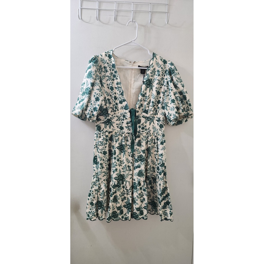 House of Harlow 1960 Floral Linen Blend Mini Dress Green Cream Scalloped Size 8
